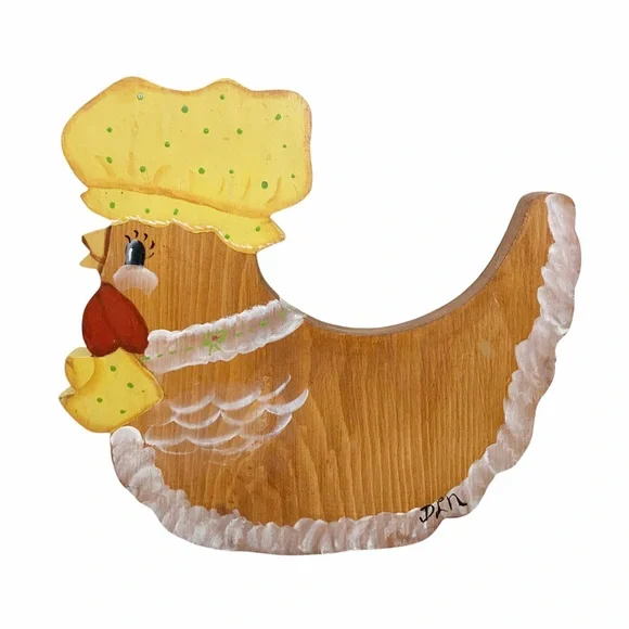 Vintage Wood Hand Painted Chicken Wall Hanging Hen Wearing Bonnet Farmhouse - Picture 9 of 9